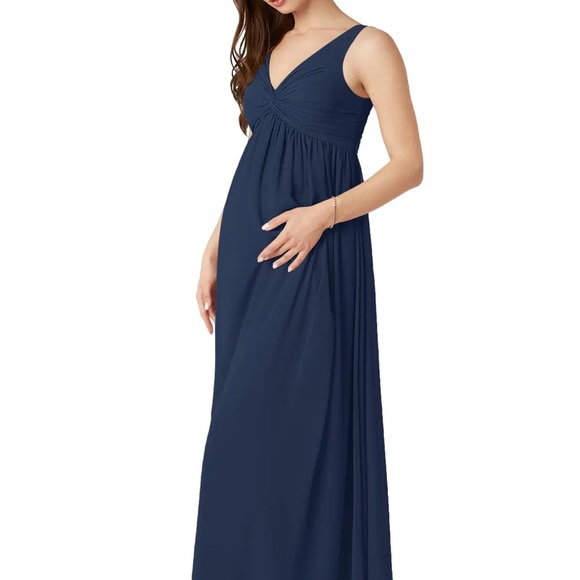 A-Line V-Neck Chiffon Floor-Length Maternity Dress Dark Navy Azazie Yetta - Picture 4 of 14